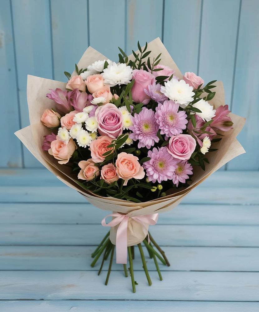 Букет цветов из: Хризантемы, Розы и Альстромерии в Халино