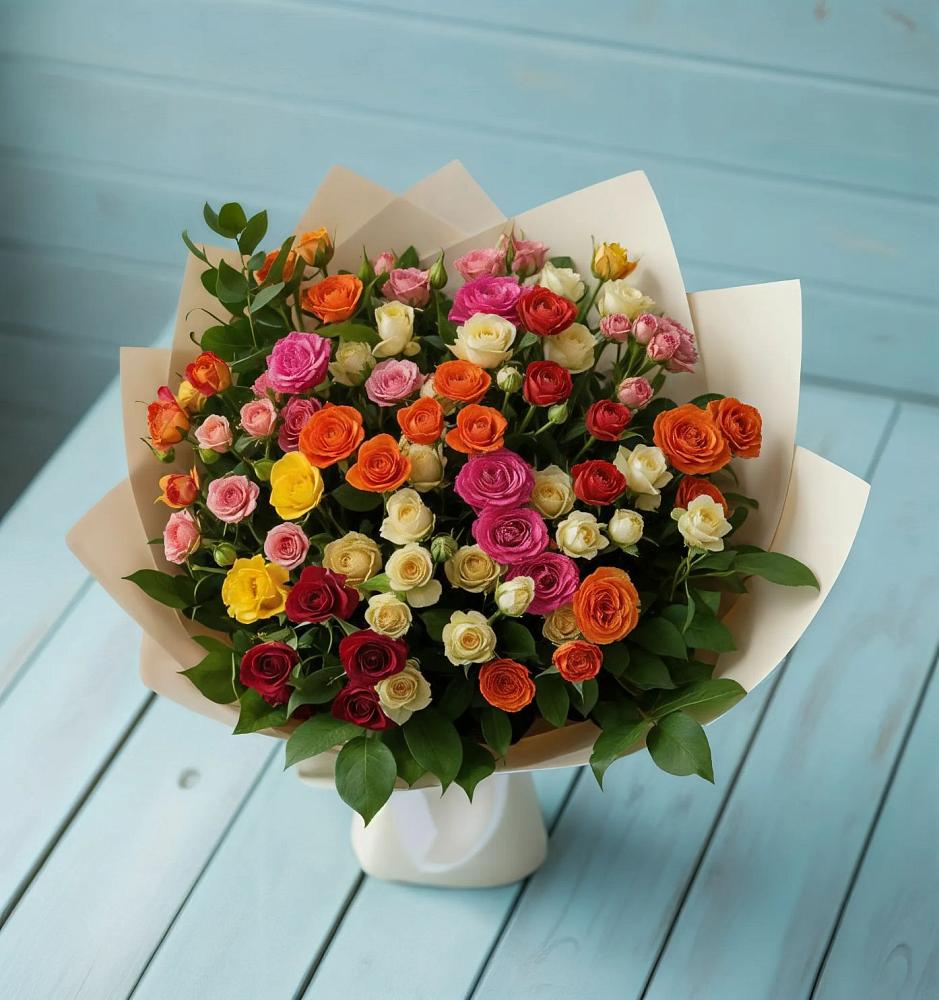 Букет Микс из разноцветных кустовых роз в Халино