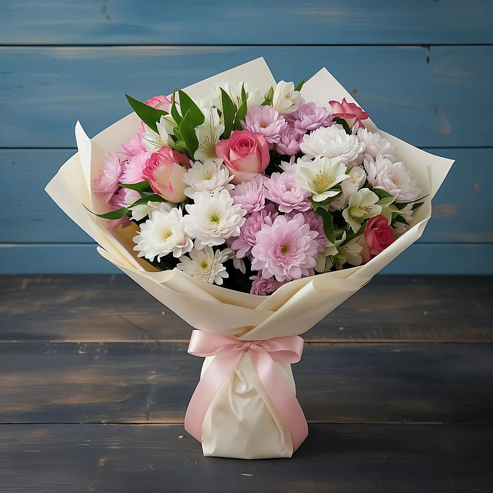 Букет цветов из: Хризантемы, Альстромерии и Розы в Халино